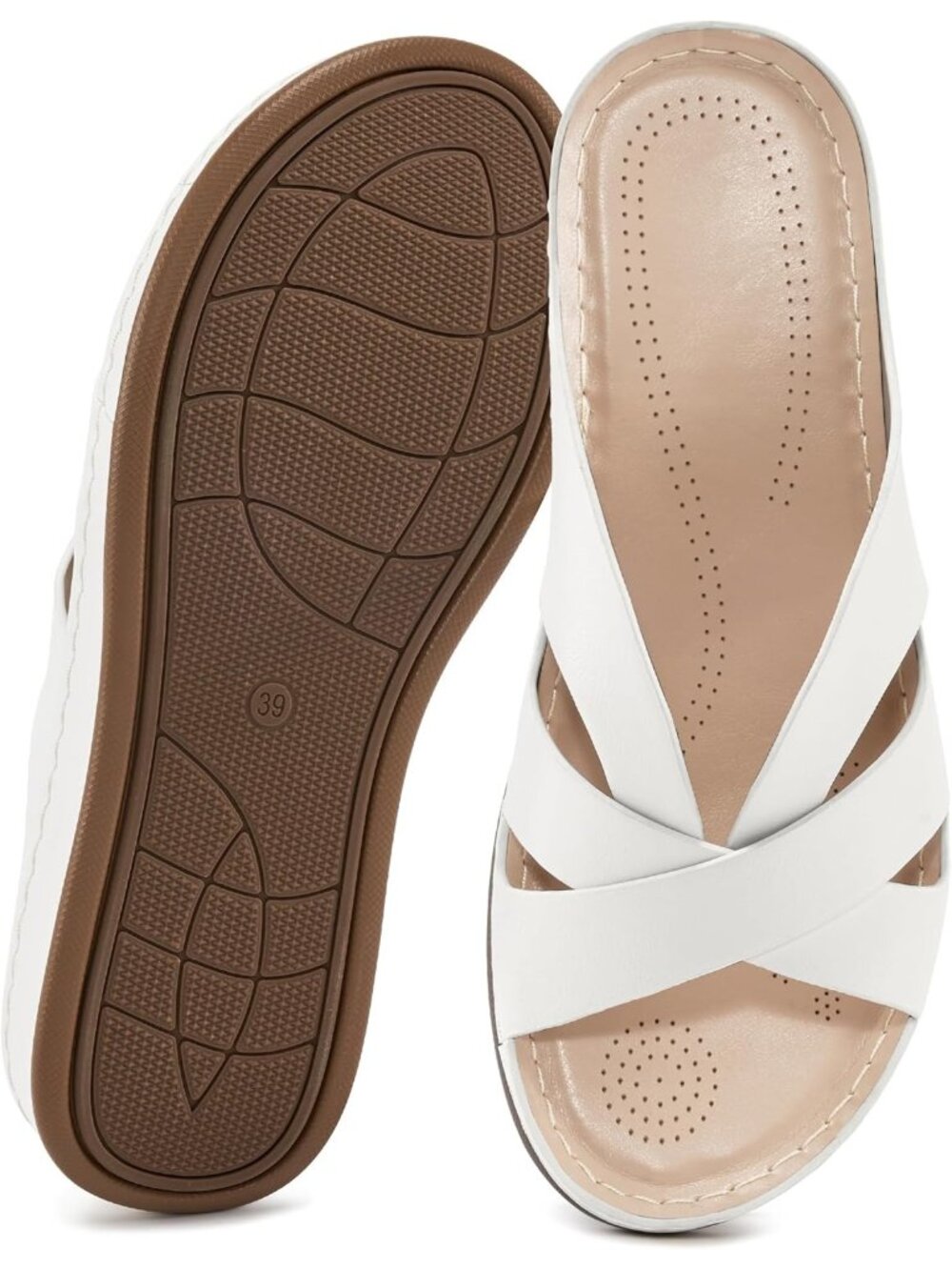 Women's White Faux Leather Summer Low Platform Slide Comfortable Walking Sandals